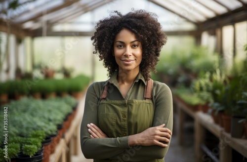 a black woman is standing in a greenhouse