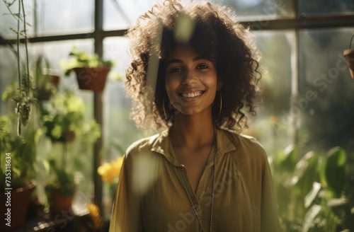 a black woman is standing in a greenhouse
