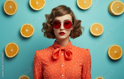 a young girl wearing a red shirt with lemon slice on her face behind blue bac...