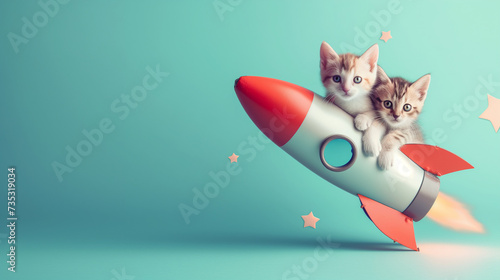 Two Kittens Embark on Cosmic Adventure atop 3D Rocket amidst Blue Sky photo