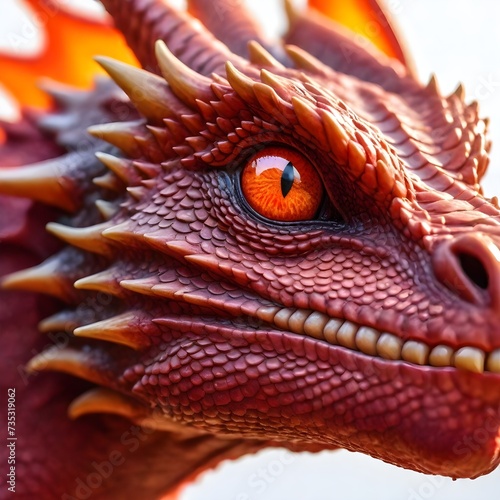 A close-up of a red dragon with orange eyes and smooth scales against a sparkling light background