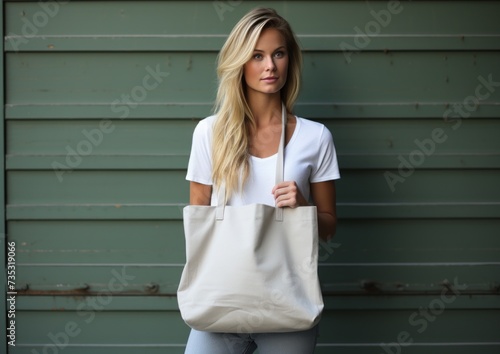 woman holding a tote bag against brick wall