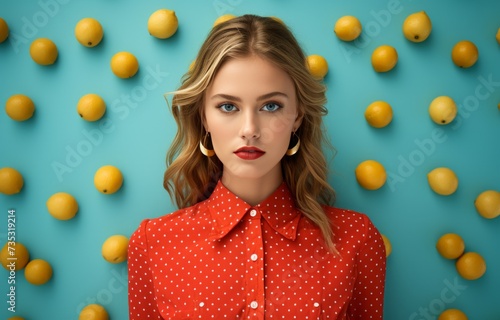 a young girl wearing a red shirt with lemon slice on her face behind blue bac...