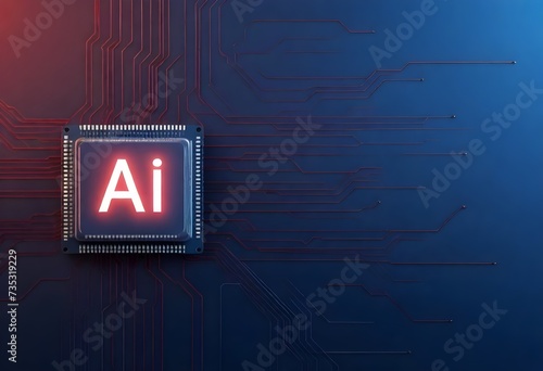 A digital illustration of a circuit board with a central processor labeled _ AI _ on a blue background with light blue and red circuit lines