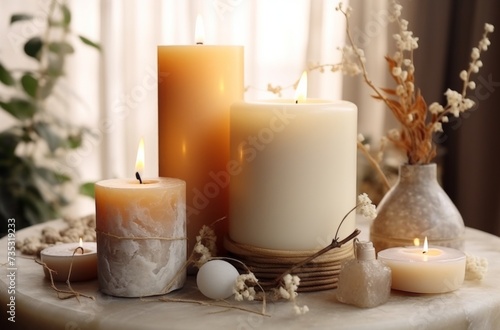 candles on a white table mood stock