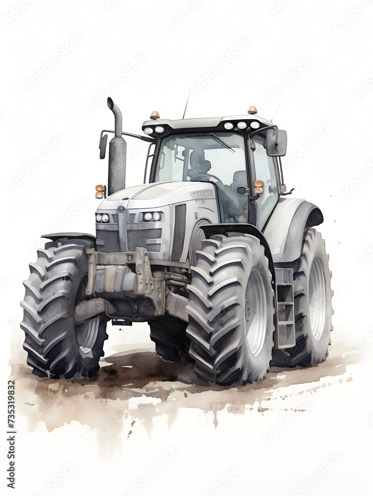 Obraz premium Watercolor illustration of a grey tractor vehicle 