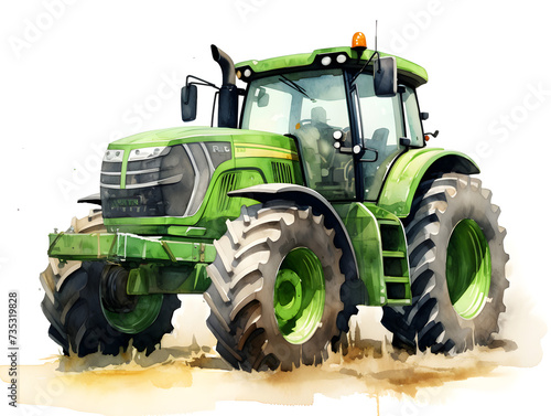 Watercolor illustration of a green tractor vehicle 