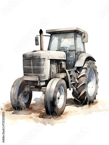 Watercolor illustration of a grey tractor vehicle 