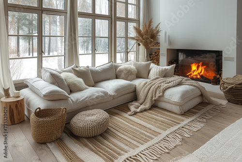 Interior design of modern apartment with bright sofa, wooden table, fireplace, home plants and decoration. Interior mockup. Scandinavian interior design. Generative AI