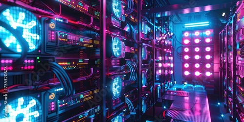 Enterprise cloud datacenter used in artificial intelligence, software as a service (SaaS) and cryptocurrency mining purposes. Rows of GPUs ready for processing