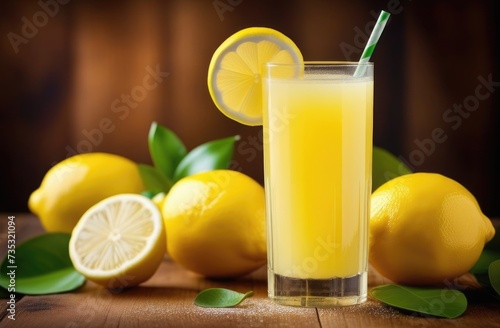 refreshing summer lemonade, a glass of freshly squeezed lemon juice on a wooden table, citrus drink, ripe lemons