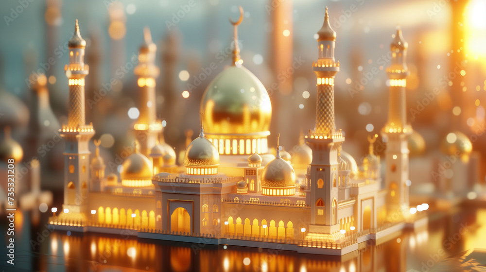 Ramadan kareem or eid mubarak,eid ul fitr or eid ul adha, Lantern Islamic Background Banner  with 3d golden Mosque and Shiny blur glitter