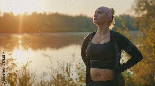Linda jovem esportiva em roupas esportivas pretas posando na margem do lago ao pôr do sol. photo