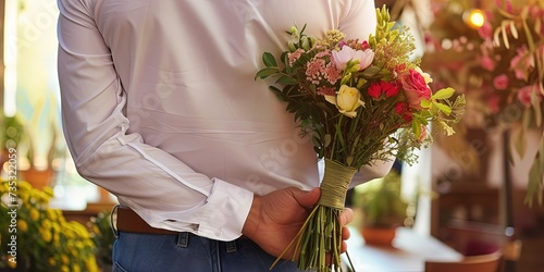 Man holding flowers behind his back - floral bouquet for apologies, holidays, and anniversary