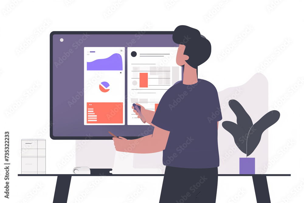person standing and pointing hand towards the computer device isolated in white background, business infographic elements, man works with bars charts and graphs, data analyze concept, data statistics person standing and pointing hand towards the computer device isolated in white background, business infographic elements, man works with bars charts and graphs, data analyze concept, data statistics