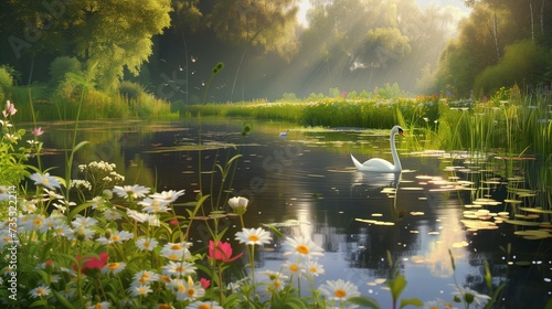 At the heart of a lush, verdant meadow lies a tranquil pond, its surface reflecting the vibrant hues of surrounding wildflowers. A graceful swan glides across the water
