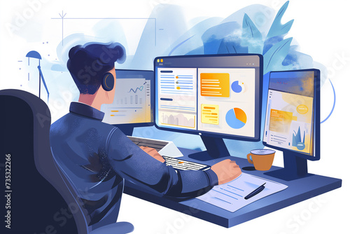 Tech-savvy person seated in a chair and working on computer device isolated in white background, business infographic elements, man works with charts and graphs, data analyze concept, data statistics