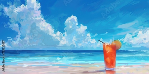 Tropical fruity cocktail on an idyllic beach with copy space 
