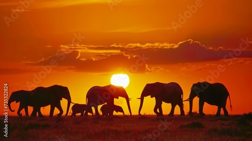 Silhouetted Elephants Against Fiery Orange Sunset AI Generated.