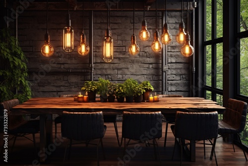 a table with a group of lights from the ceiling
