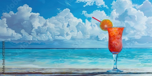 Tropical fruity cocktail on an idyllic beach with copy space 