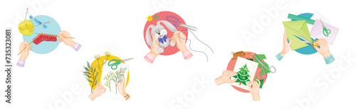 Hands Creating Craft in Workshop Top View Vector Set