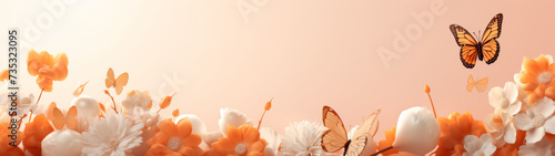 Easter Banner with Orange Eggs, Spring Flowers, and Butterflies