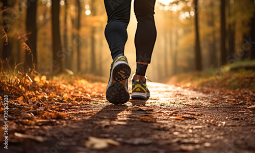 Closeup of legs of a runner in the park with beautiful golden sunlight in the background. Sport activity in the nature.