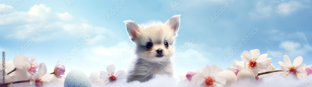 Puppy Peeking Over Cherry Blossoms Against a Blue Sky Puppy Peeking Over Cherry Blossoms Against a Blue Sky
