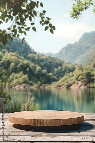 Wooden Podium Overlooking Tranquil Mountain Lake