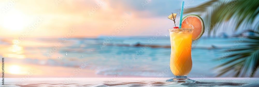 Tropical fruity cocktail with rum or tequila on a deserted island beach - obrazy, fototapety, plakaty 