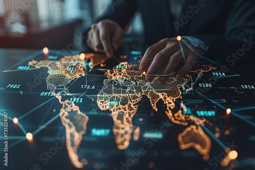 Engage with an image depicting the world of global currency exchange and money transfer, featuring a businessman interacting with a virtual world map showing currency signs such as dollar