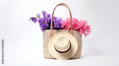 beautiful bouquet flowers in a basket and hat on white background