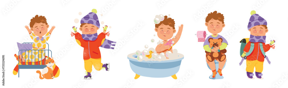 Cute Boy Daily Routine and Schedule Vector Set Cute Boy Daily Routine and Schedule Vector Set