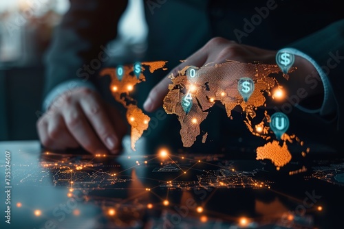 Engage with an image depicting the world of global currency exchange and money transfer, featuring a businessman interacting with a virtual world map showing currency signs such as dollar photo