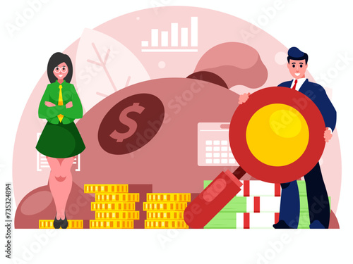 Search for investments concept. Businesswoman stands with arms crossed on chest. Standing confident woman in a suit and tie. Businessman holding a huge magnifying glass.Bag with money. Vector graphics