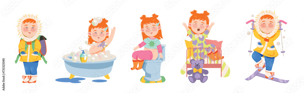 Cute Girl Daily Routine and Schedule Vector Set