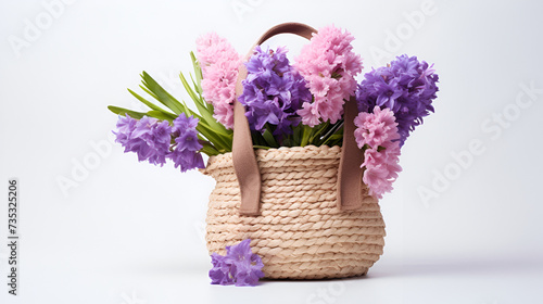 beautiful bouquet flowers in a basket on white background