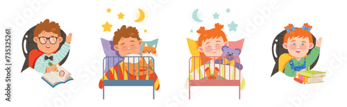 Cute Boy and Girl Daily Routine and Schedule Vector Set
