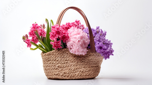beautiful bouquet flowers in a basket on white background