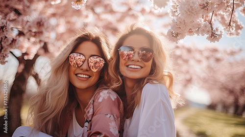 Portrait of a cheerful young womans in sunglasses on a background of cherry blossoms. Attractive blondes in a park of blossoming sakura trees. Concept of recreation and friendship photo
