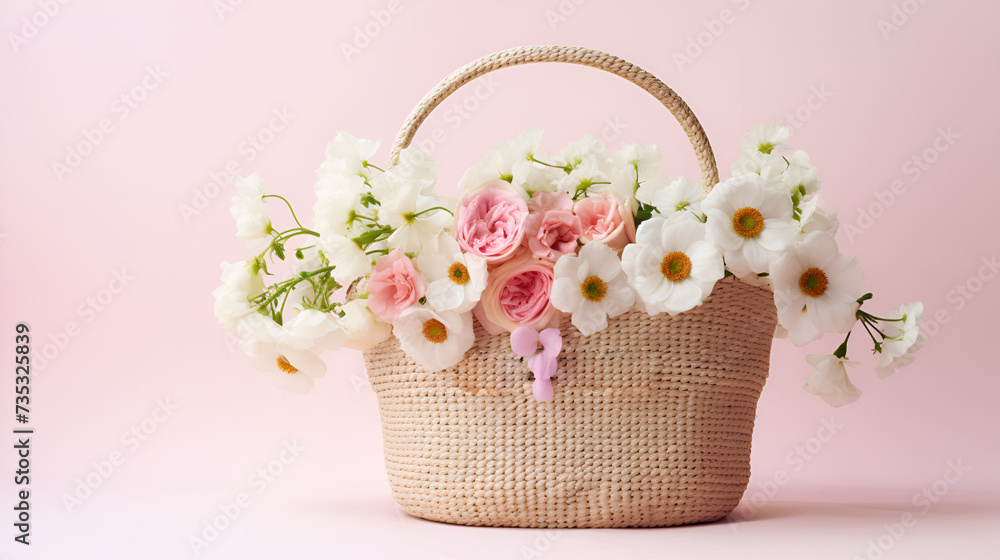 Straw basket bag with a bouquet light pink flowers on a light background