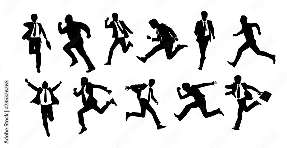 Runner silhouettes Set. Businessmen running, jumping for success in formal suit, with briefcase, front, side view. Monochrome black vector illustrations isolated on transparent background.