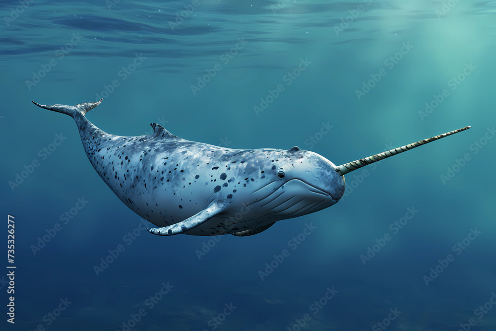 Narwhal - Arctic waters - A medium-sized toothed whale with a long, spiraled tusk protruding from its head. They are known for their unique vocalizations and social behavior - obrazy, fototapety, plakaty 