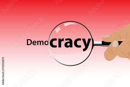 Democracy and a magnifying glass on word cracy. Decay and failure of politics and elections. Vector illustration