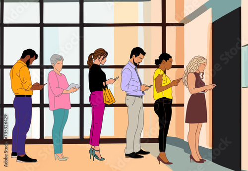 Diverse Business people waiting for job interview in modern office hallway  lobby. Candidates standing in line queue to door office. Hiring job employment concept. Vector illustration.