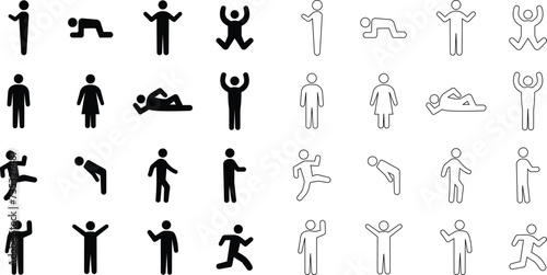 Set people pictogram icon. People in motion active lifestyle black flat or line vector collection isolated on transparent background. Man or woman Basic Posture People Sitting Standing Sign Symbol.