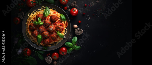 Spaghetti Pasta with Tomato Sauce and Fresh Basil on a Dark Background