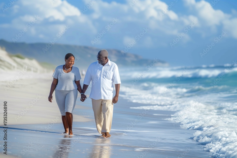 Fototapeta premium Elderly Couple Enjoying a Romantic Walk Along a Sunny Beach Shoreline