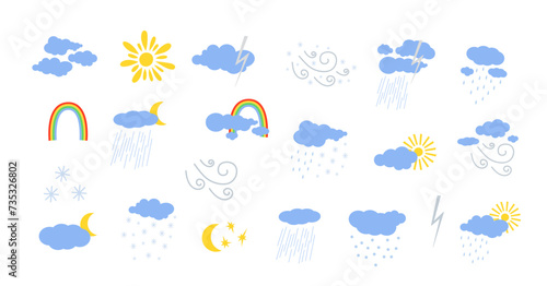 Weather icons set sun, wind, rain, fog, clouds cute hand drawn doodle minimalist vector illustration, simple symbol to describe weather, environment, climate cartoon object, weather forecast image